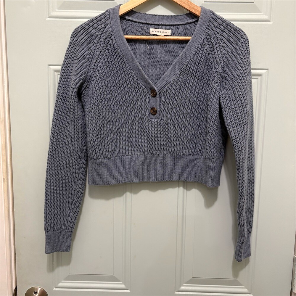 Aéropostale Sweater Womens Size S Blue Cropped Chunky Rib Knit Henley